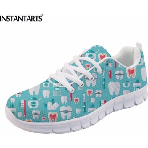 INSTANTARTS Women Flats Dentist Pattern Sneakers Blue Breathable Lace Up Mesh Soft Tenis Shoes Woman Students Leisure Flat Shoes