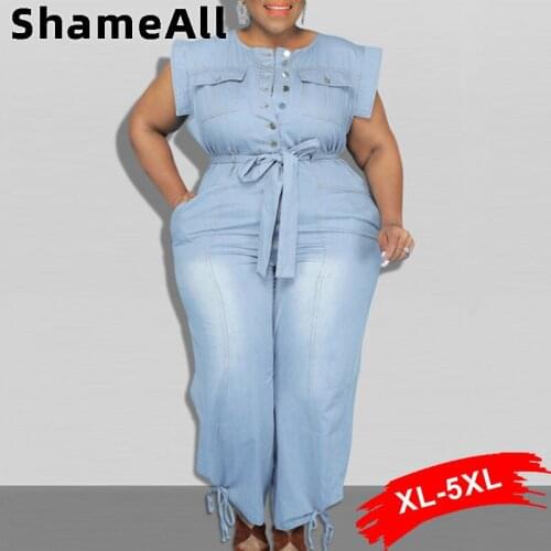 Plus Size Sashes Long Jogger Pants Jumpsuits 4xl Elegant Office Lady Button Sleeveless Belt One Piece Outfits Banded Overalls