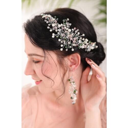 Green Silver Bridal Hair band and earrings sets Wedding Decoration Shiny Crystal Rhinestones hair accessories for women