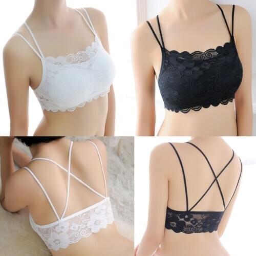 Womens Floral Lace Bralette Padded Breathable Sexy Criss Cross Bustier Bra Soft