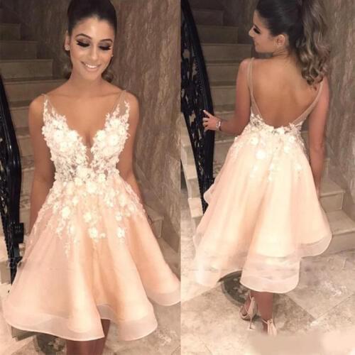 Sexy Backless Champagne Party Homecoming Dresses V Sheer Neck Straps 3D Floral Applique Cocktail Dress Formal Eevning Wear
