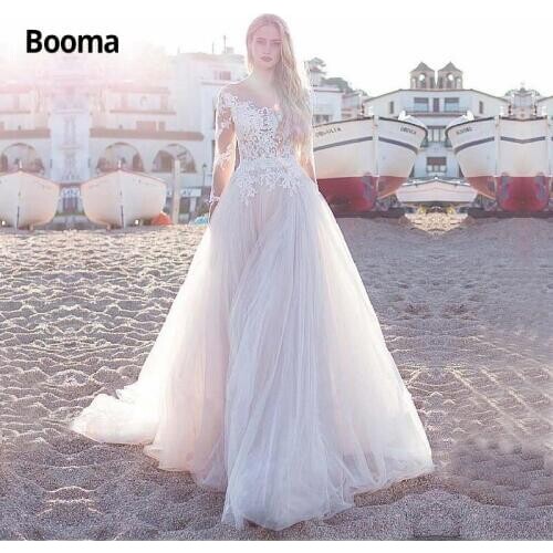 Booma 3/4 Sleeve Lace Wedding Dress 2019 Beach Bride Gowns Boho Princess Vestido De Novia Back Illusion Long Train