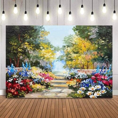 Oil Painting Landscape Backdrop Colorful Summer Forest Newborn Kids Portrait Photo Background Beautiful Flowers Professional