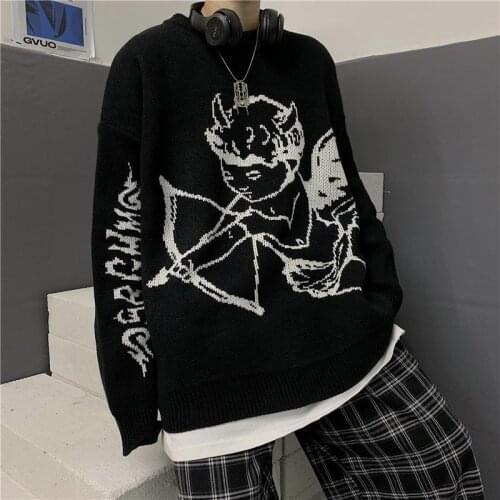 Harajuku Winter Thickened Long Sleeve Sweater Angel Jacquard Knitted Dark Streetwear Print Top Sweater Punk Y2K Black Clothes