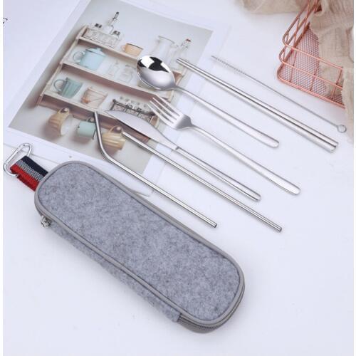 1SET Dinnerware Set Camping Cutlery Travel Silverware Reusable Utensils Metal Straw Spoon Fork Chopsticks Portable Case QA 152
