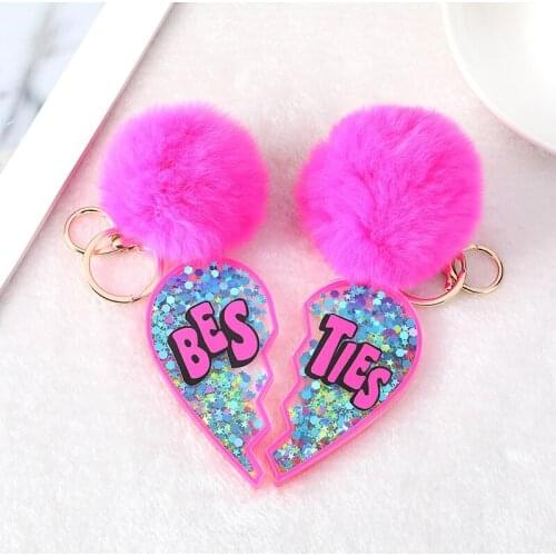 1 Pair/Lot BFF Style Keychain Lovers Besties Keyring with Puffer Ball Pompom Hollow Out Acrylic Best Friends Handbag Charms