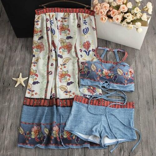 2019 Retro Printed Floral Three Piece Bikini Set Swimwear Bandage Swim Women Padded Bathing Suit Swimsuit Swimming Beach Wear