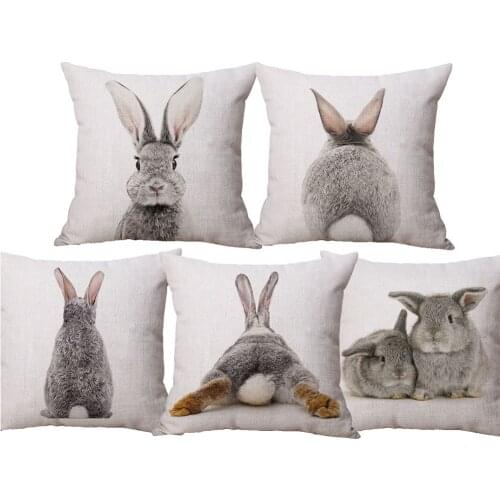 Beige Linen Throw Pillows Case Rabbit Cushion Covers Animal Pillowcase 45X45cm Living Room Home Decoration