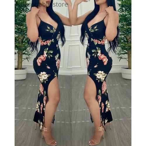 Women Floral Print Spaghetti Strap Sleeveless High Slit Dress