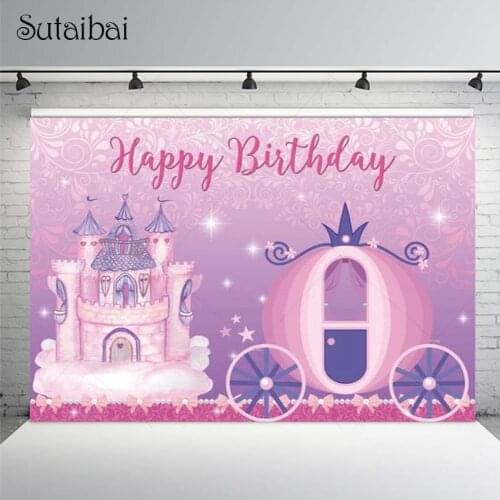 Happy Birthday Party Backdrop Fairy Tale Pink Princess Castle Girl Baby Shower Pumpkin Carriage Newborn Background Photography