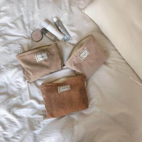 Brown Camel Makeup Cosmetic Make Up Bag Hand Bag Wash Bag Corduroy Bag Korean Version Simple And Versatile Solid Color Handbag