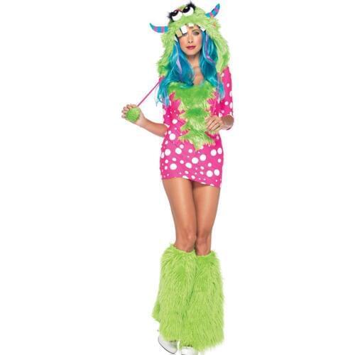 Halloween Sexy Monster Costume Adult Animal Costume 3S1147 Gorgeous 2 pcs Melody Monster Dotted Dress Costume With Furry Hood