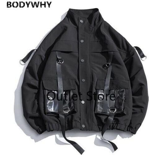 2020 Autumn Men Military Jacket Coat Ribbons Pocket Overall Bomber Jacket Hip Hop Streetwear Fashion Jacket Men Loose Outwear