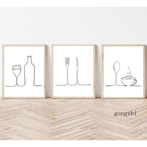 Nordic Minimalist Wine Tea Cup Tableware Line Poster Print Wall Art Pictures Black White Canvas Painting Kitchen Cafe Shop Decor