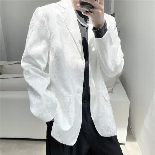 MIXCUBIC 2020 Autumn Korean style unique Relief Dragon pattern design Suit men Casual loose white Blazers for men M-XXL