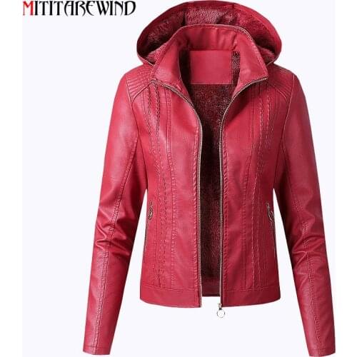 2021 New Fleece PU Leather Jacket Women Fashion Hooded Windbreaker Keep Warm Faux Leather Coat Female Autumn Winter Motor Jacket