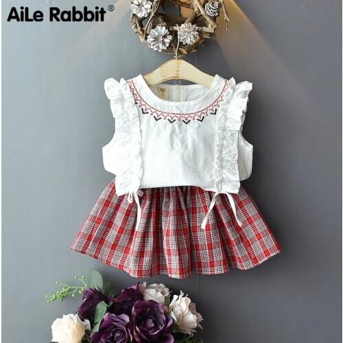 Toddler Girl Clothes Short Skirt Suit 2019 Fashion Lace Shirt Top Plaid Skirt Two-piece Set Korean Version Костюмы Для Девочек