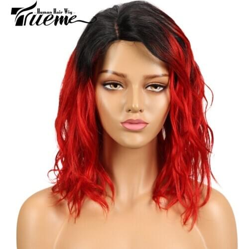Trueme Ombre 1B/Red Short Wig Brazilian Natural Wave Remy Human Hair Side Part Front Lace Wig Fashion Cosplay Wig