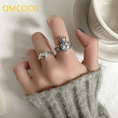 QMCOCO 925 Silver LOVE Heart Rings For Women Vintage Handmade Crown Herat-Shape Punk Hip-Hop Party Jewelry Gifts