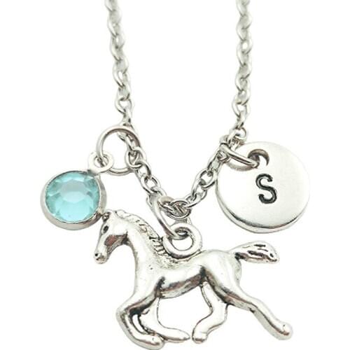 Horse Animal Creative Initial Letter Monogram Birthstone Necklace Fashion Jewelry Women Christmas Gifts Accessories Pendants