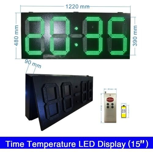 Custom made 15 inch Outdoor Single Color Green /Bule /Yellow /Red /White color Time Temperature Display LED Clock Display