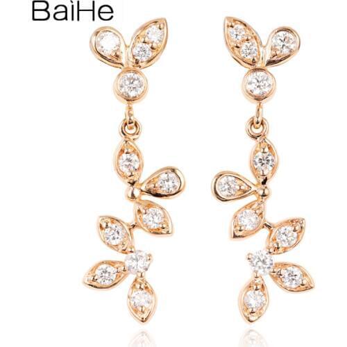 BAIHE Genuine Solid 14K Yellow Gold Sparkling Diamonds Earrings Women Anniversary Trendy Fine Jewelry Leaf Stud Cерьги Wedding