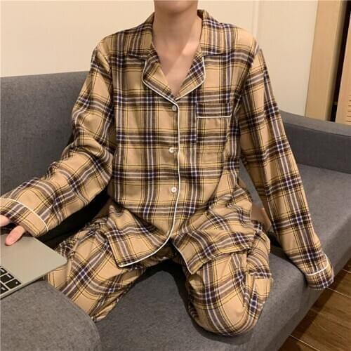 Plaid Pajamas Set Women Sweet Princess Cute Cotton Pyjamas Sexy Lace Full Sleeve Autumn 2Piece/Set Home Sleepwear underwear