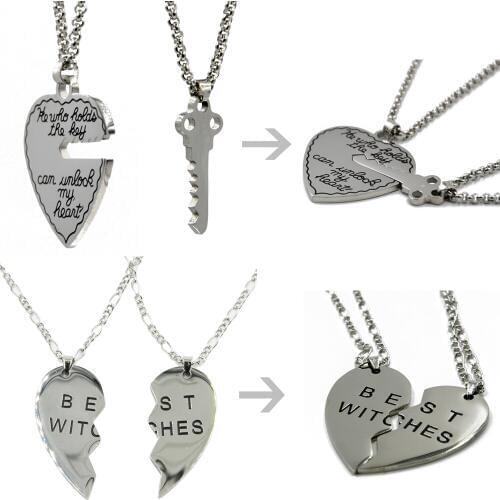 1set Best Witches Good Friends Series Heart Shaped with Key Couple Necklace Pendant Body Jewelry with 24 inch Chain