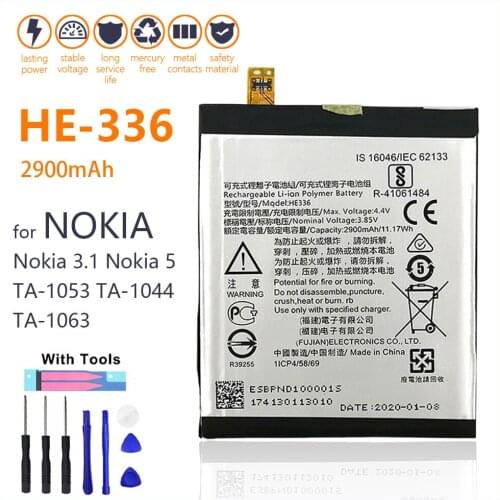 100% Genuine HE336 HE321 Battery For Nokia 5 Dual SIM (TA-1053 DS) For Nokia 3.1 2900mAh Mobile Phone New Batteries With Tools