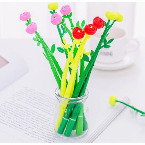 30pcs Rose Flower Gel Pen Wholesale Creative Simulation Soft Rubber Plant Flower Pens Students Black 0.5 Pen Learning Stationery