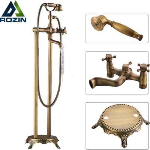 Antique Brass Floor Mounted Tub Sink Faucet Dual Handle Bathroom Bath Shower Set Freestanding Bathtub Mixer Tap with Handshower