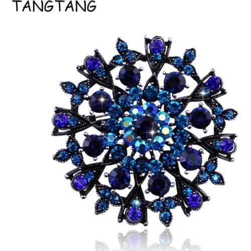 Antique Silver Plated Petal Flower Brooch Pin For Mother Gift Peacock Blue Crystal Rhinestone Scarf Clips Unique Jewelry Pendant