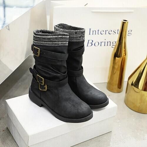 Big Size 9 10 11 12 boots women shoes ankle boots for women ladies boots shoes woman winter Belt buckle knitting sleeve
