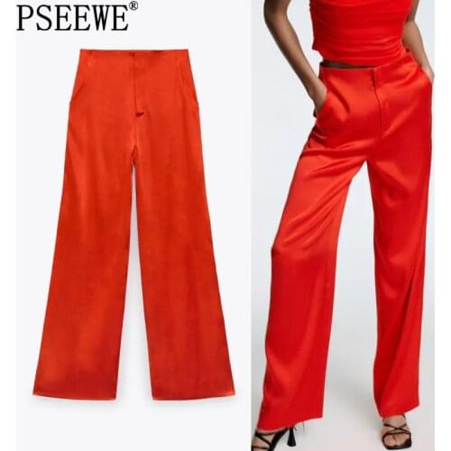 PSEEWE Za Pants Woman High Waist Red Satin Pants For Women Wide Leg Fluid Trousers Autumn Fashion Office Elegant Loose Pants