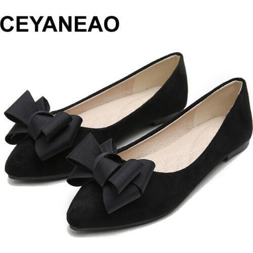 CEYANEAO Womans Satin Bow Suede Pointed Toe Ballet Flats Slip On Loafers Boat Shoes Women Breathable Comfortable Blue Flat Balle