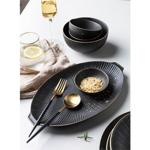 Phnom Penh Household Kitchen Tableware European Creative Steak Plate Black Ceramic Dishes Spoon Bowl Dish Flatware Set