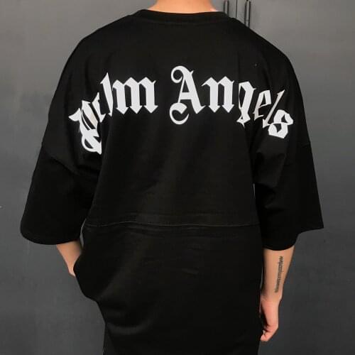 Palm Angels short sleeve men women couple T-shirt with large logo printed on the back of the bat sleeves