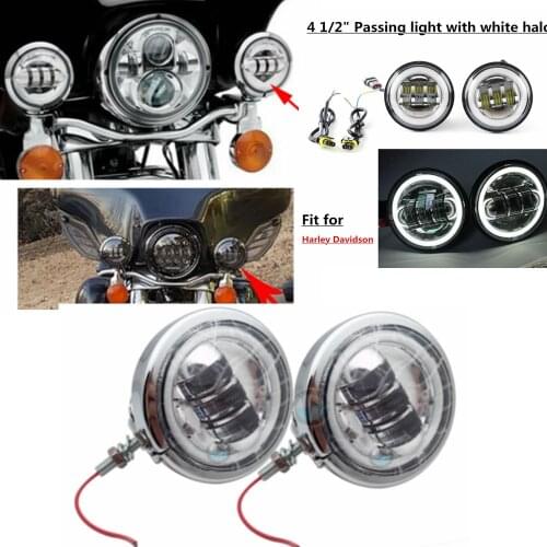 4-1/2" 4.5" Chrome LED Auxiliary Spot Fog Passing Lamp with Housing for Harley Touring Electra Glide Motor