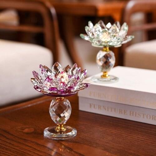 Crystal Glass Block Lotus Flower Metal Cheap Candle Holders Feng Shui Home Decor Big Tealight Candle Stand Holder Candlesticks