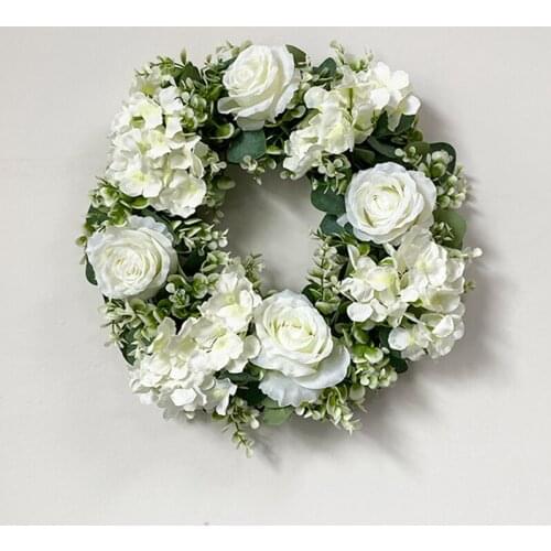 Artificial White Rose And Hydrangea Wreath Green Leaves Eucalyptus Flowers Garland For Home Decor Door Decoration