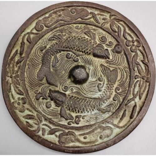 China brass double fish Bronze mirror crafts statue