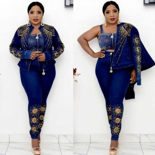 3 Piece Set Africa Clothes African New Dashiki Fashion Flowers Suit Top Trousers Super Elastic Party For Women Outfits