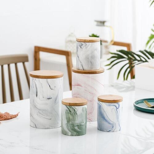Creative Nordic Style Storage Bottle Jar Marble Pattern Ceramic Kitchen Seasoning Tank Set Wooden Cover Salt Shaker Spice Jar