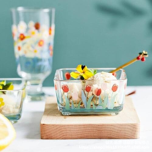 Small fresh square glass bowl home dessert bowl fruit salad bowl breakfast bowl creative small bowl