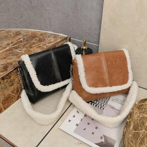 Fashion Splicing PU Plush Shoulder Handbag Autumn Women Large Capacity Top-handle Bag Street Vintage Tote Satchel
