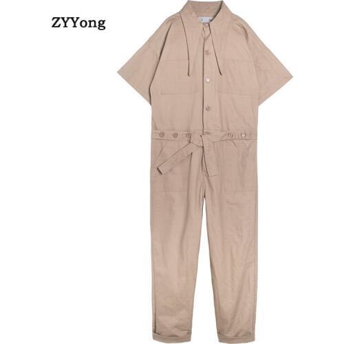 Men Hip-Hop Punk Jumpsuit Overalls Romper Long Cargo Pants Man Short Sleeves Solid Color Casual Jumpsuits Overalls Ankle Length