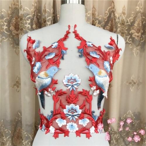 Set of 3 Red bird flower embroidered patch applique sewing on fabric applique for Stage performance clothing decoration patches