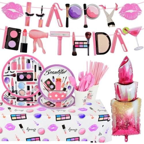 Spa Make Up Birthday Party Disposable Tableware Sets Paper Plate Cups Lipstick Lipsfoil Balloons For Girls Party Decor Supplies