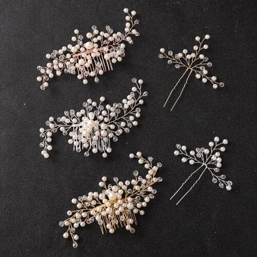 SLBRIDAL Handmade 3 Colors Rhinestones Crystal Pearls Bridal Hair Comb Hair Pin Set Women Bridesmaids Hair Jewelry Accessories