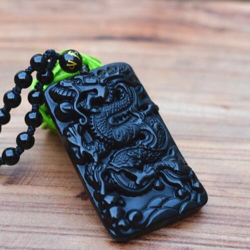 Natural Black Obsidian Stone Pendant Chinese God Beast Dragon Pendant Necklace Lucky Amulet Mens Jewelry Free Rope